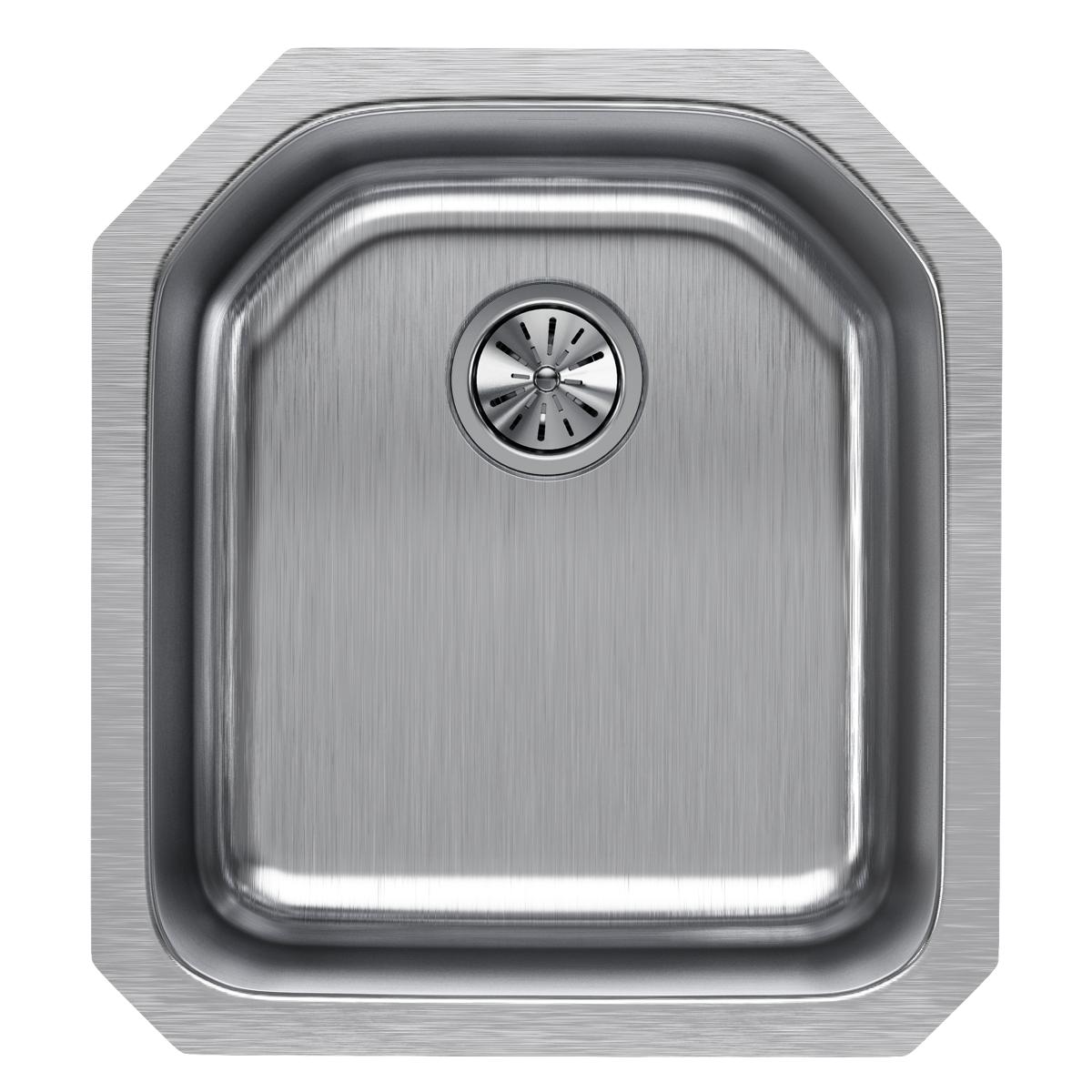 Stainless steel single bowl undermount sink with brushed finish and center drain basket, viewed from above.