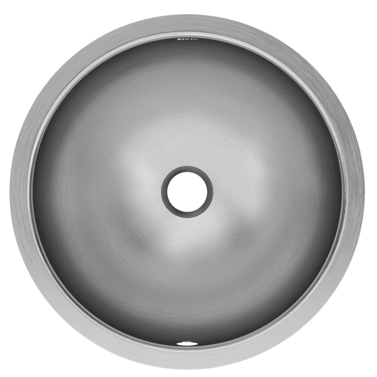 Stainless steel round bathroom sink with single bowl, drain hole in center, and brushed metal finish.