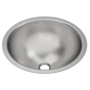 Stainless steel round undermount bathroom sink with single bowl and overflow hole.