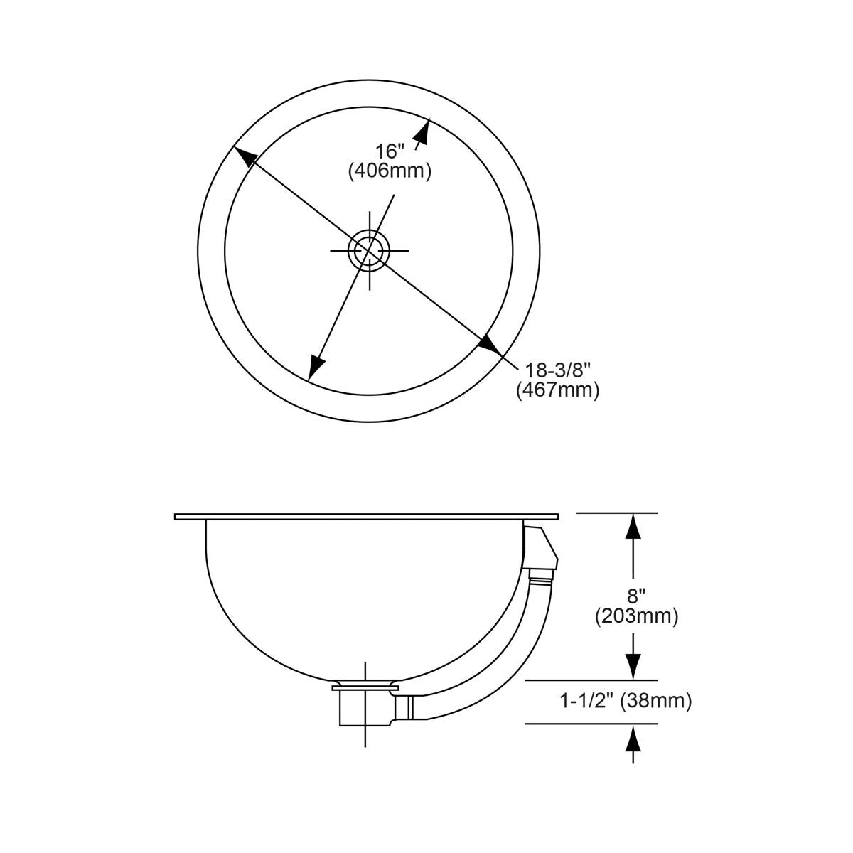 Top and side view technical drawings of a round undermount bathroom sink with dimensions and overflow drain location.