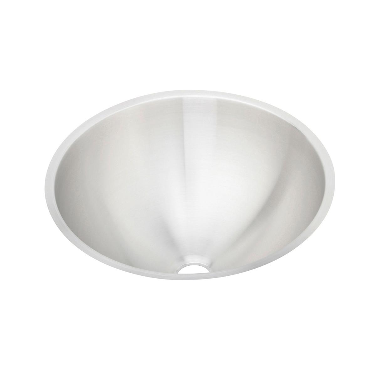 Stainless steel round undermount bathroom sink with single bowl and drain hole.