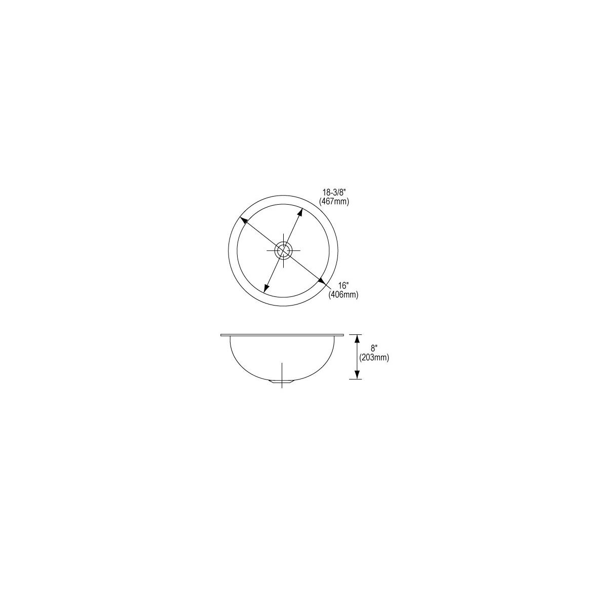 Top and side view technical drawings of a round stainless steel undermount bathroom sink with dimensions labeled.