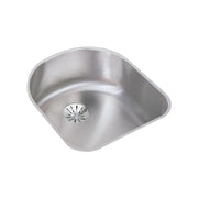 Stainless steel undermount sink with single bowl and center drain, viewed from above at an angle.
