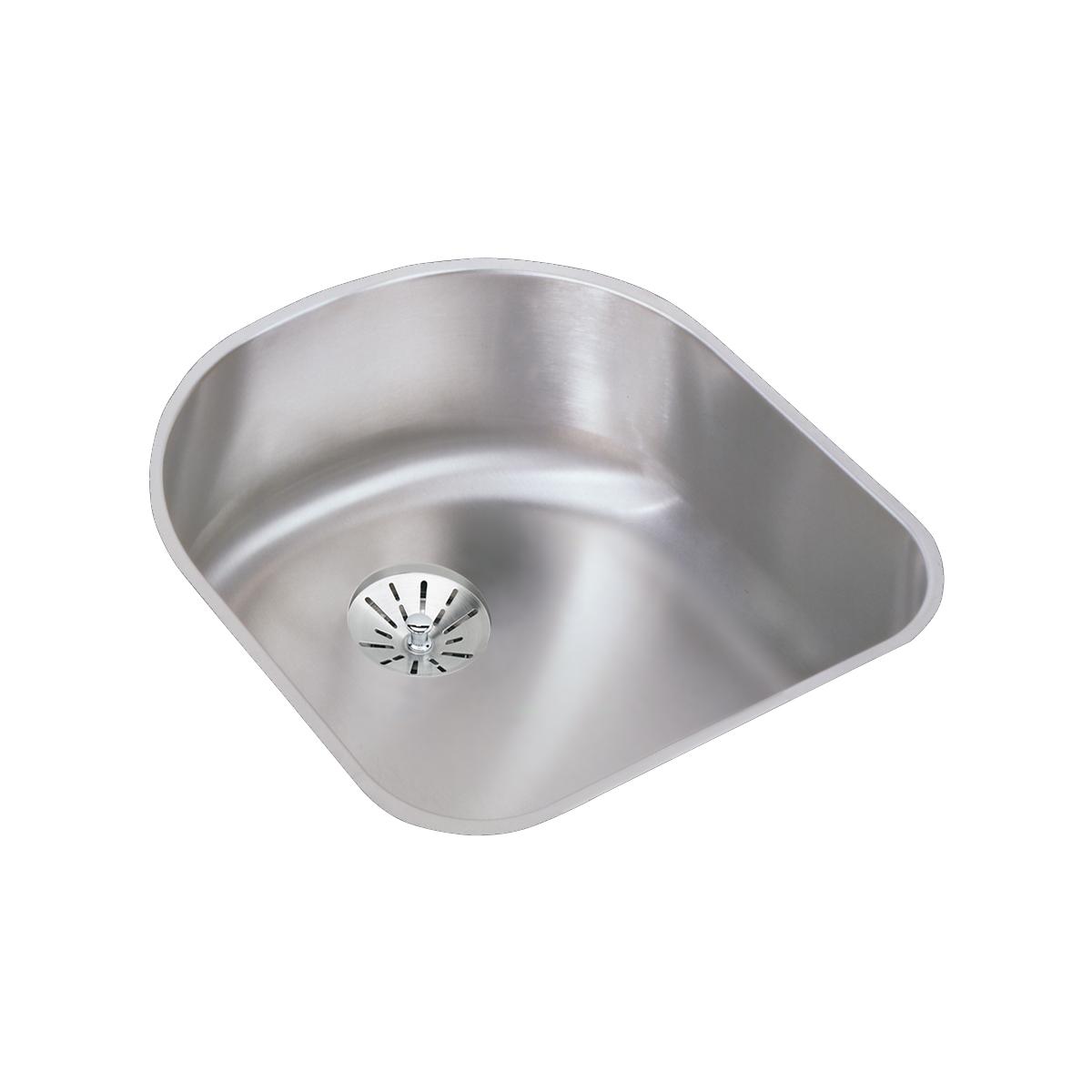 Stainless steel undermount sink with single bowl and center drain, viewed from above at an angle.