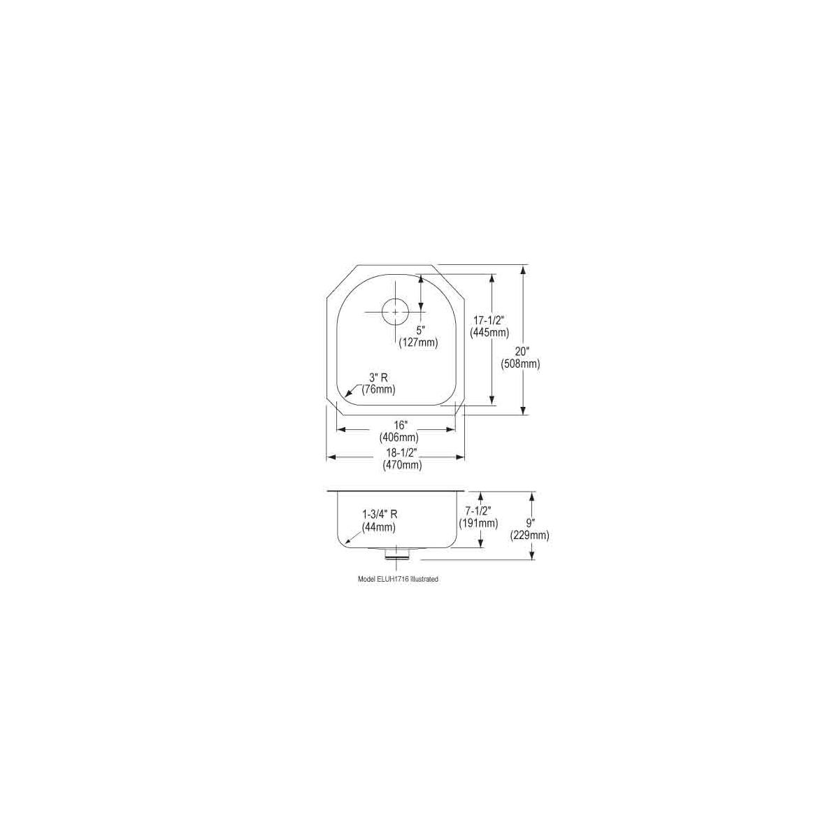 Technical specification diagram showing top and side views of a stainless steel undermount sink with measurements and drain d