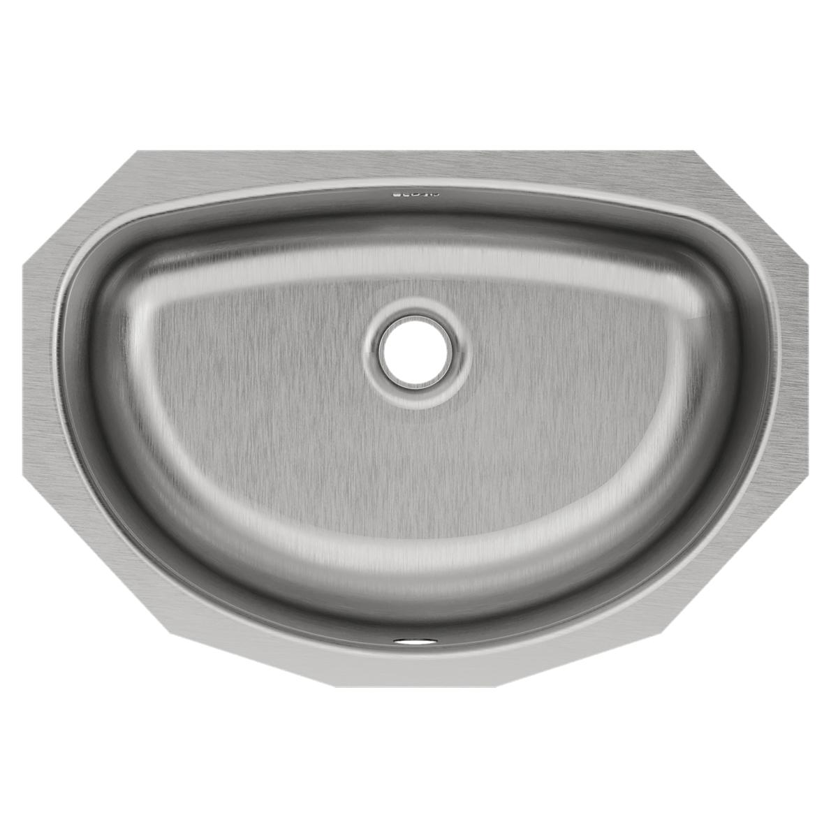 Stainless steel single bowl undermount bathroom sink with curved basin and drain opening, shown from above.
