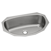 Stainless steel undermount bathroom sink with single oval bowl and drain opening, angled octagonal rim design.