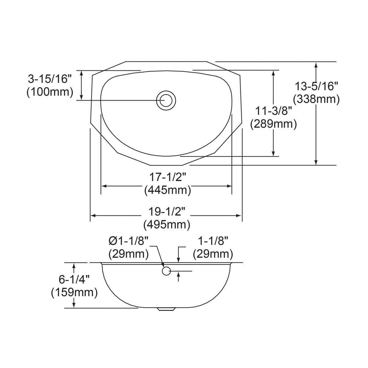 Stainless steel undermount bathroom sink with single rounded bowl, top and side view showing dimensions and drain hole placem