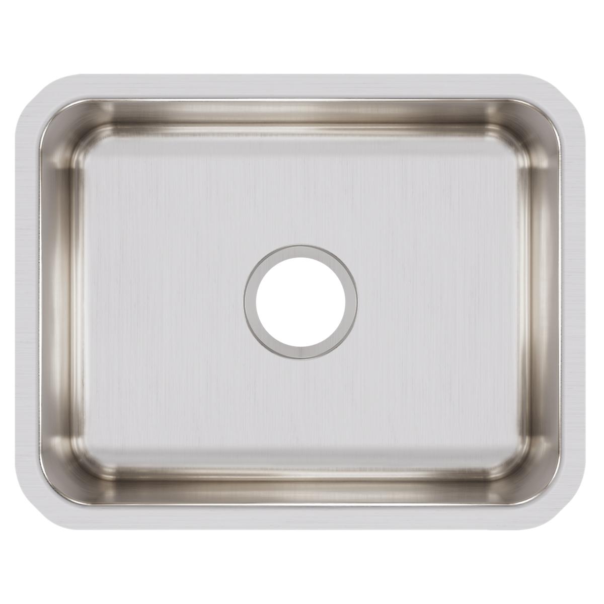 Stainless steel single bowl undermount sink with brushed finish and rounded corners, viewed from above.
