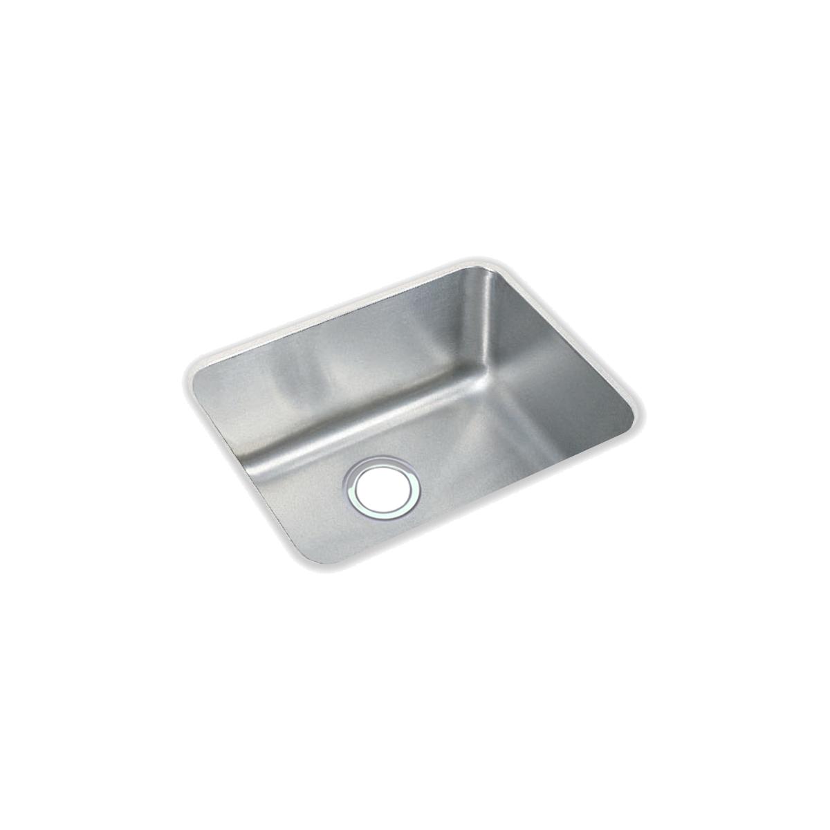 Stainless steel single bowl undermount sink with rounded corners and drain opening.