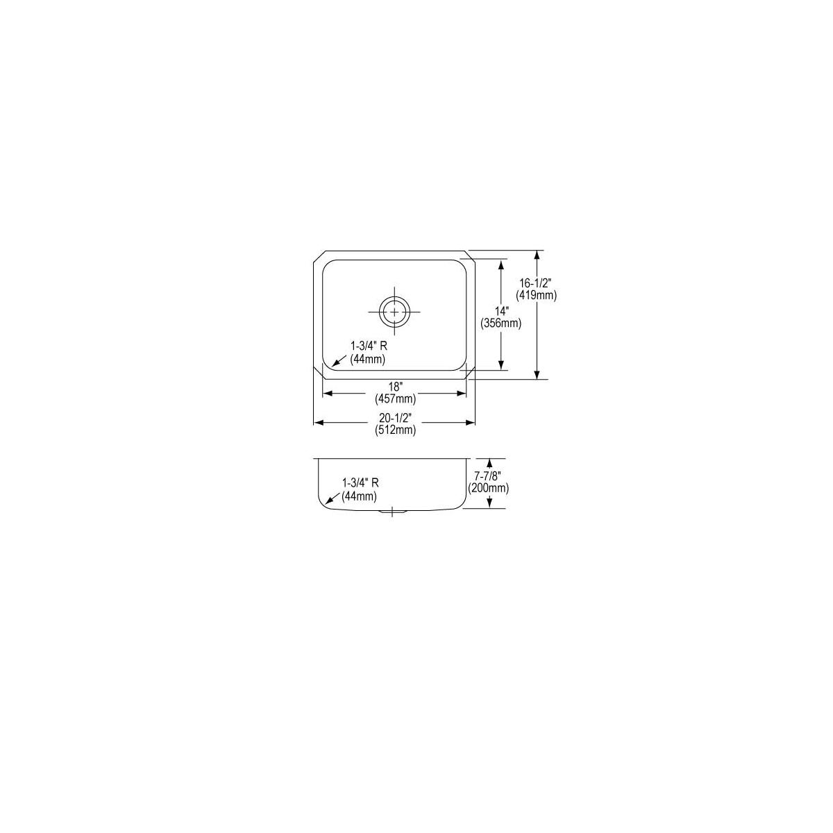 Technical diagram showing top and side views of a stainless steel undermount sink with dimensions and rounded corner radius m