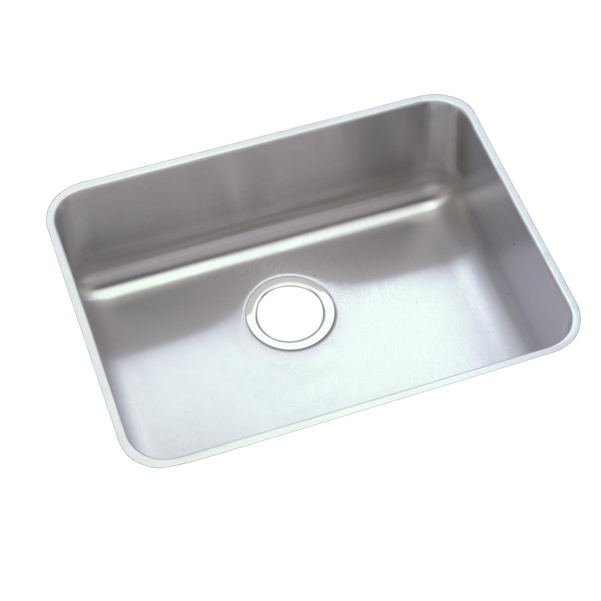 Stainless steel single bowl undermount sink with rounded corners and drain opening.