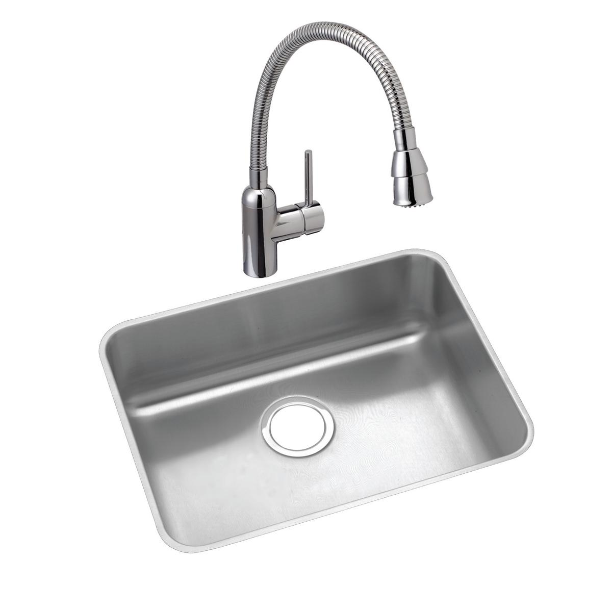 Stainless steel single bowl undermount sink with chrome pull-down faucet and spray head.