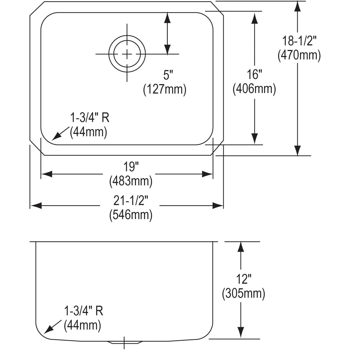 Stainless steel undermount sink with single bowl, 5-inch drain hole, and rounded corners shown in top and side technical draw