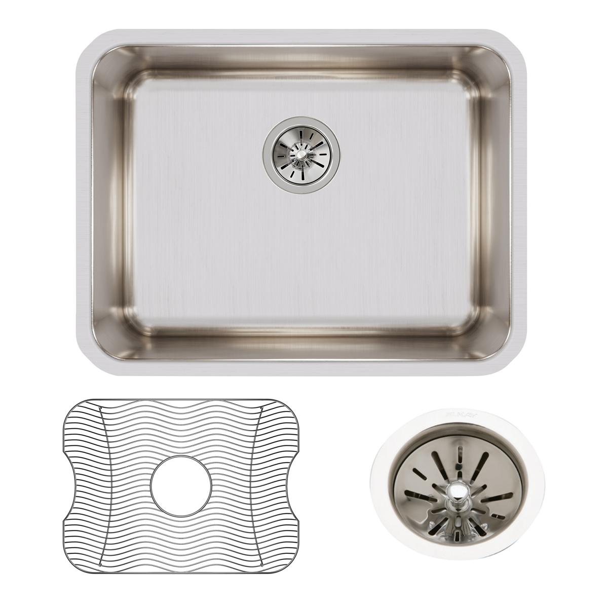 Stainless steel single bowl undermount sink with brushed finish, drain basket, and protective sink mat included.
