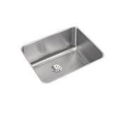 Stainless steel single bowl undermount sink with rounded corners and drain opening visible from above.