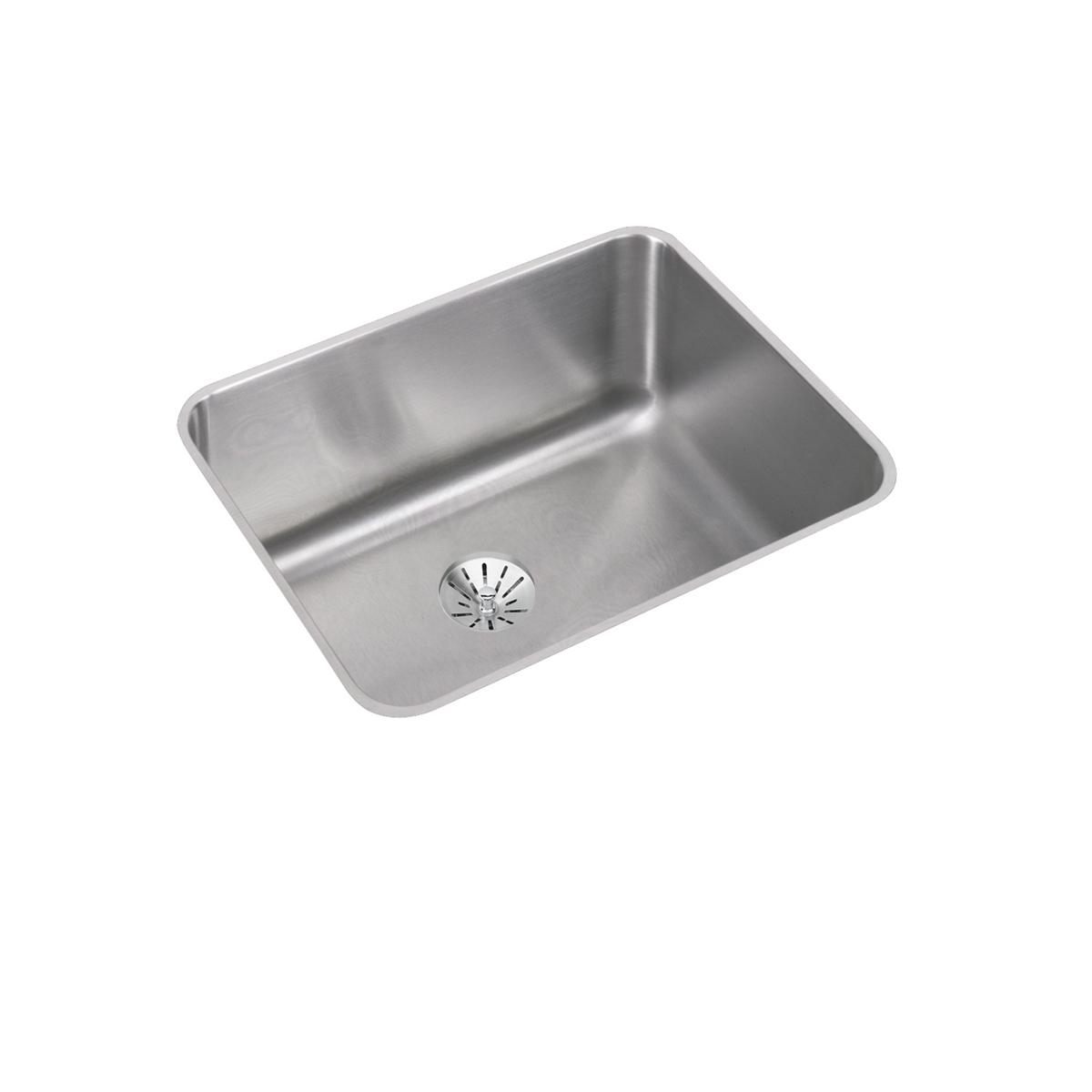 Stainless steel single bowl undermount sink with rounded corners and drain opening visible from above.