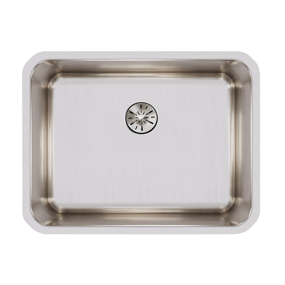 Stainless steel single bowl undermount sink with rounded corners and centered drain opening, viewed from above.
