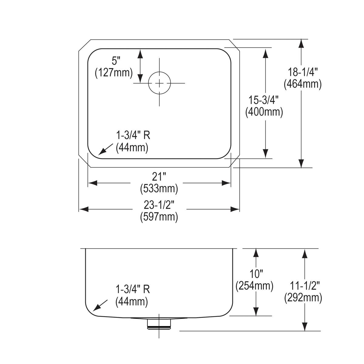 Stainless steel single bowl undermount sink with rounded corners shown in top and side technical drawings with dimensions and