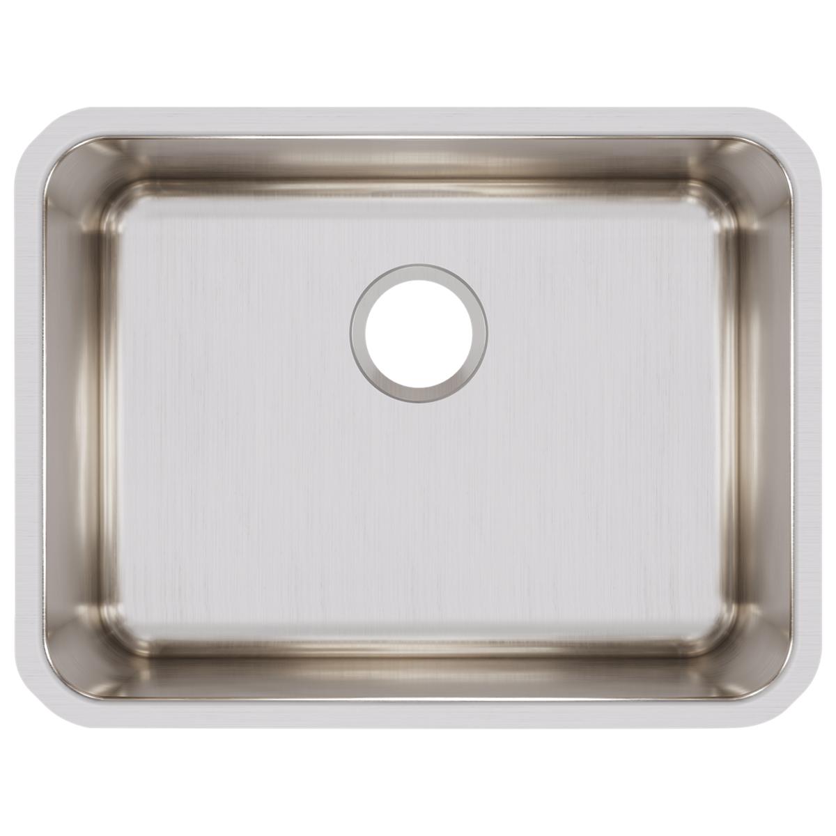 Stainless steel single bowl undermount sink with brushed finish and drain hole, viewed from above.