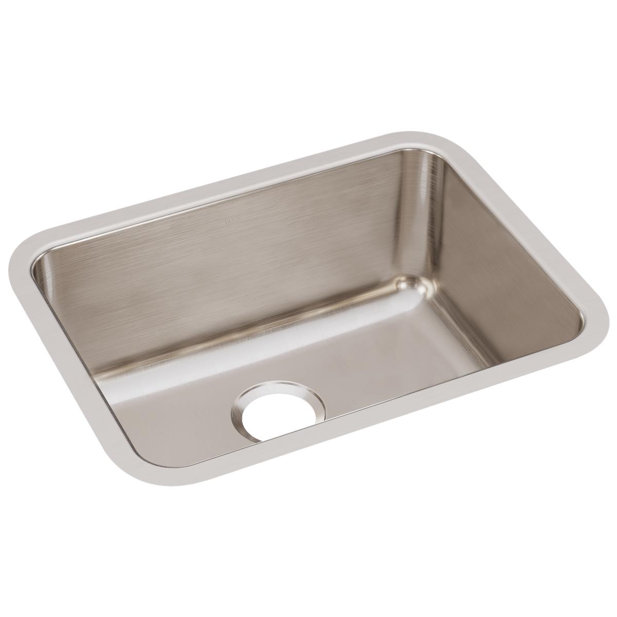 Stainless steel single-bowl undermount sink with rounded corners and drain hole.