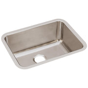 Stainless steel single bowl undermount sink with brushed finish and rounded corners, drain hole visible on bottom.