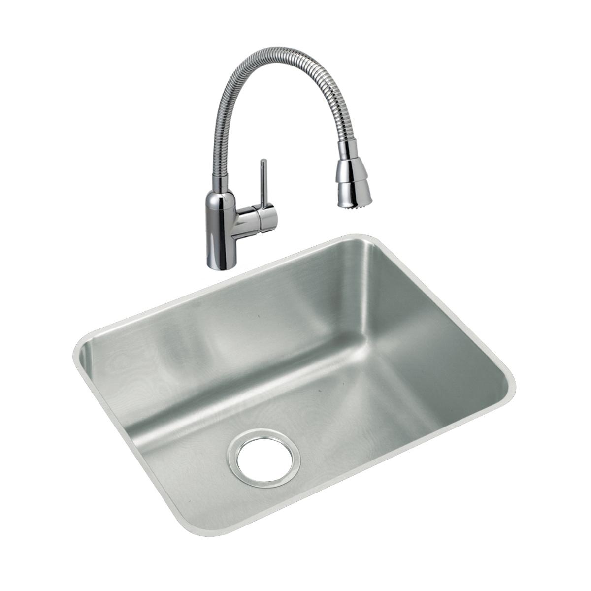 Stainless steel single bowl undermount sink with chrome pull-down faucet and sprayer.