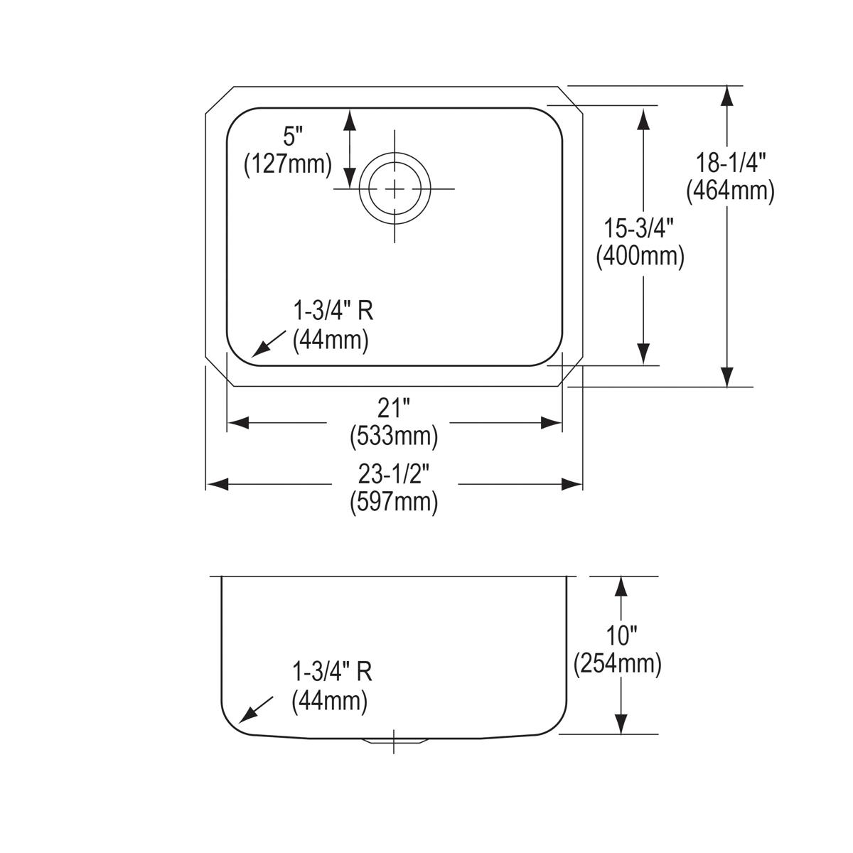 Technical drawing of stainless steel single bowl undermount sink with dimensions and drain hole placement shown from top and 