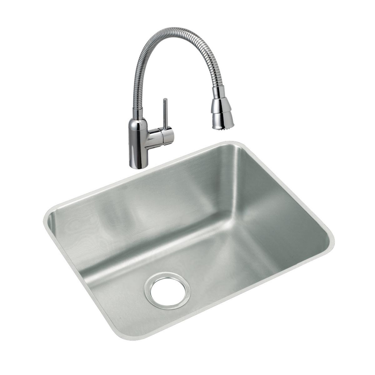 Stainless steel single bowl undermount sink with chrome pull-down faucet and spray head.
