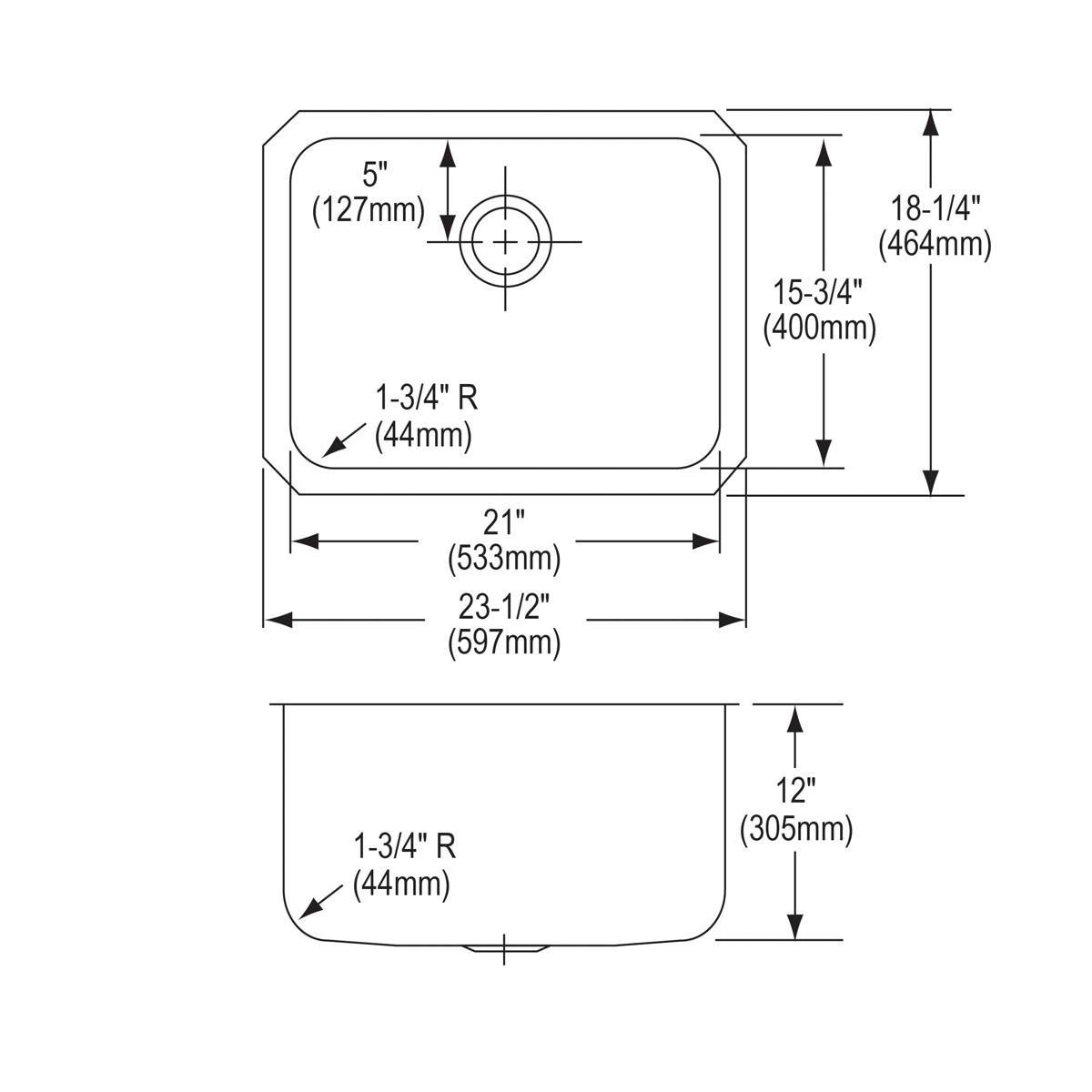 Top and side technical drawings of a stainless steel single bowl undermount sink with dimensions and drain hole specification
