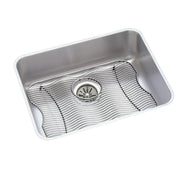 Stainless steel single bowl undermount sink with rounded corners, drain hole, and textured stainless steel grid insert.