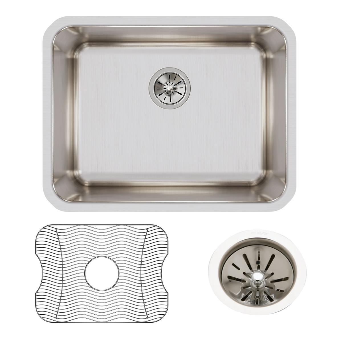 Stainless steel single bowl undermount sink with drain basket, strainer, and wavy sink mat included.