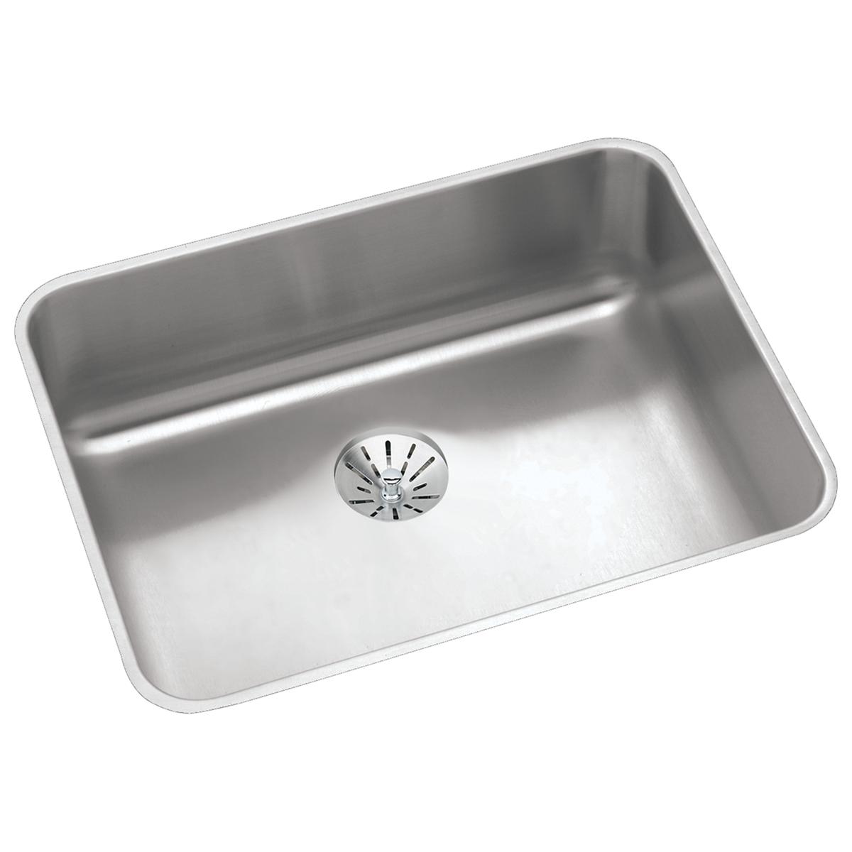 Stainless steel single bowl undermount sink with rounded corners and center drain opening.