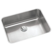 Stainless steel single bowl undermount sink with rounded corners and center drain opening.