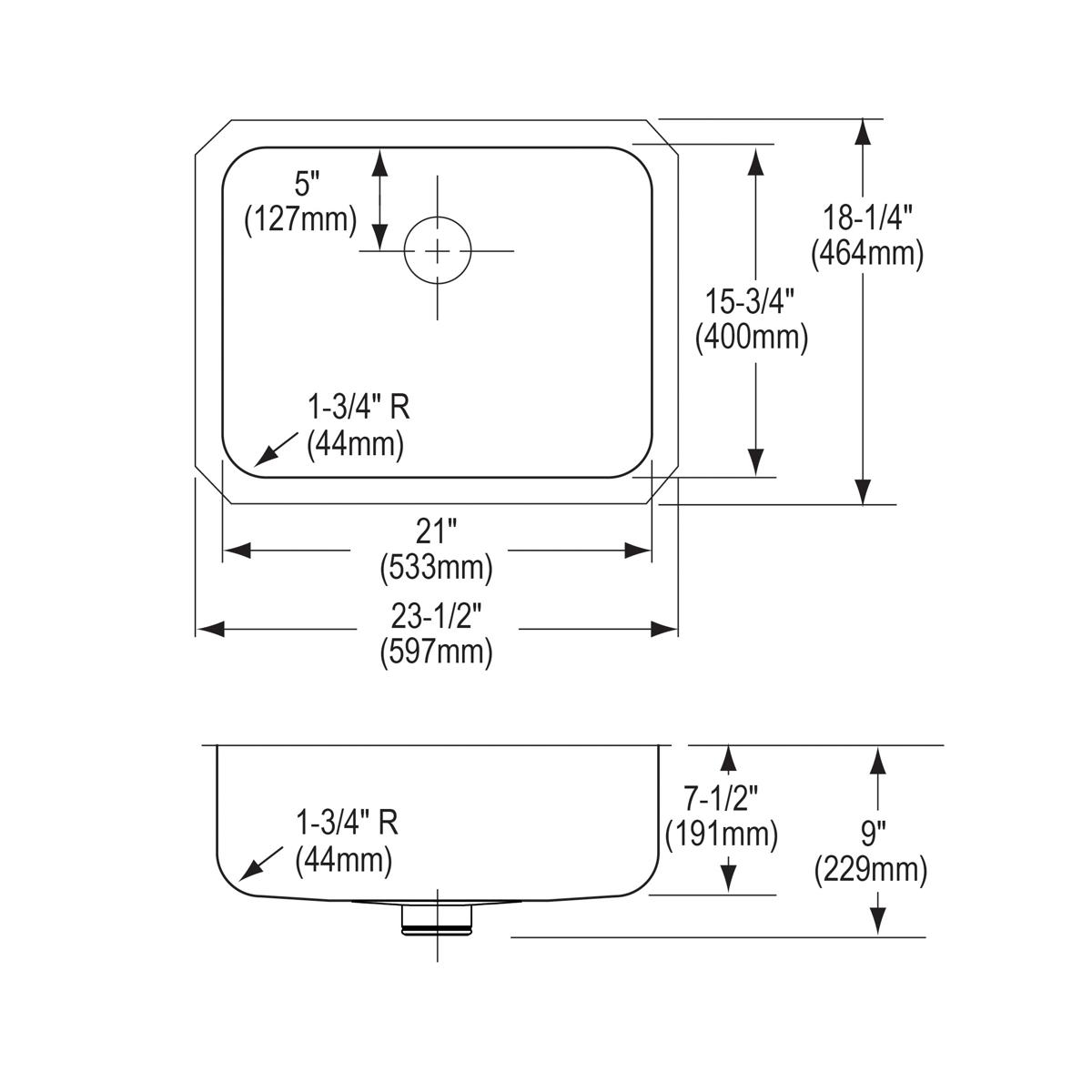 Stainless steel single bowl undermount sink with rounded corners and centered drain, shown in top and side technical specific