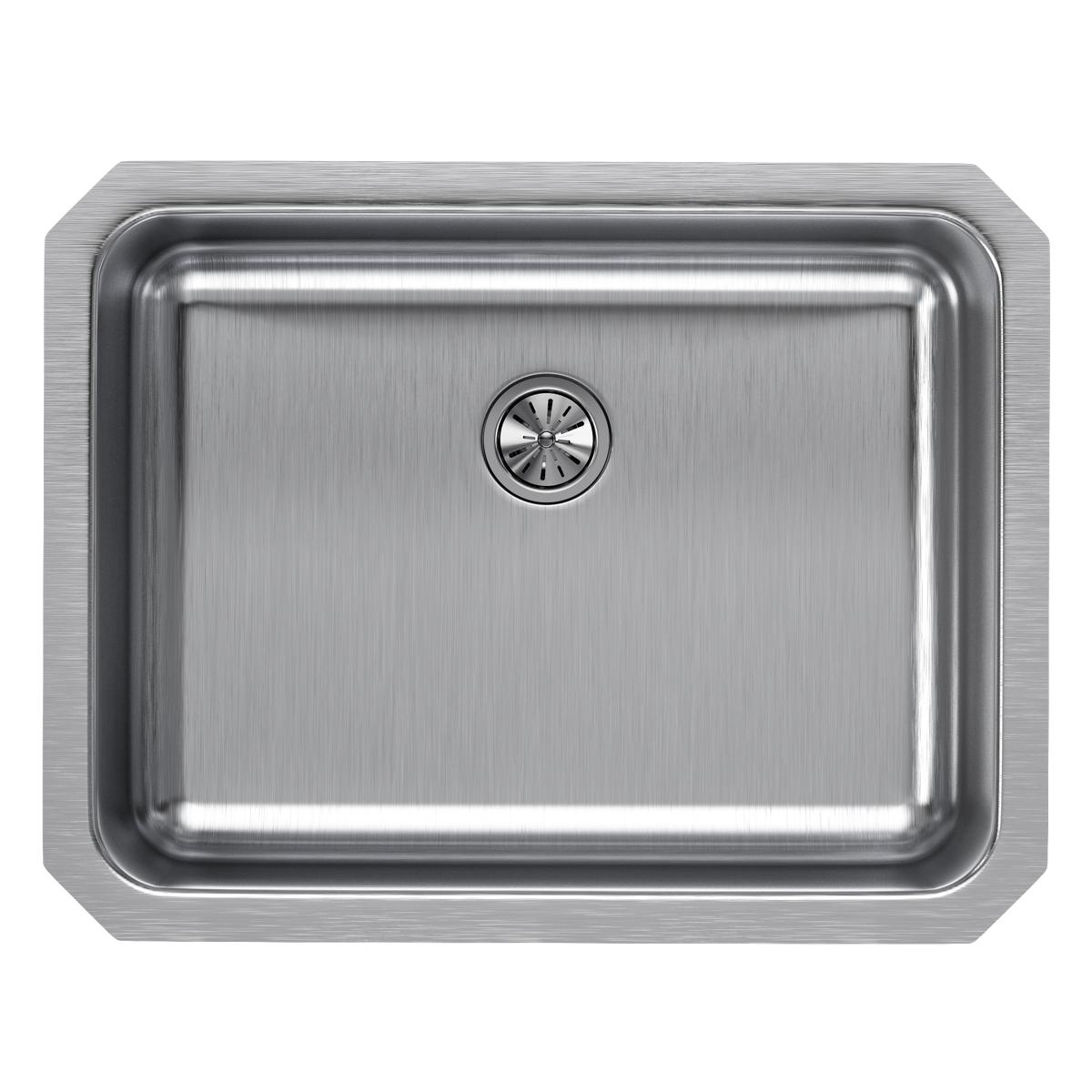 Stainless steel single bowl undermount sink with rounded corners and centered drain outlet.
