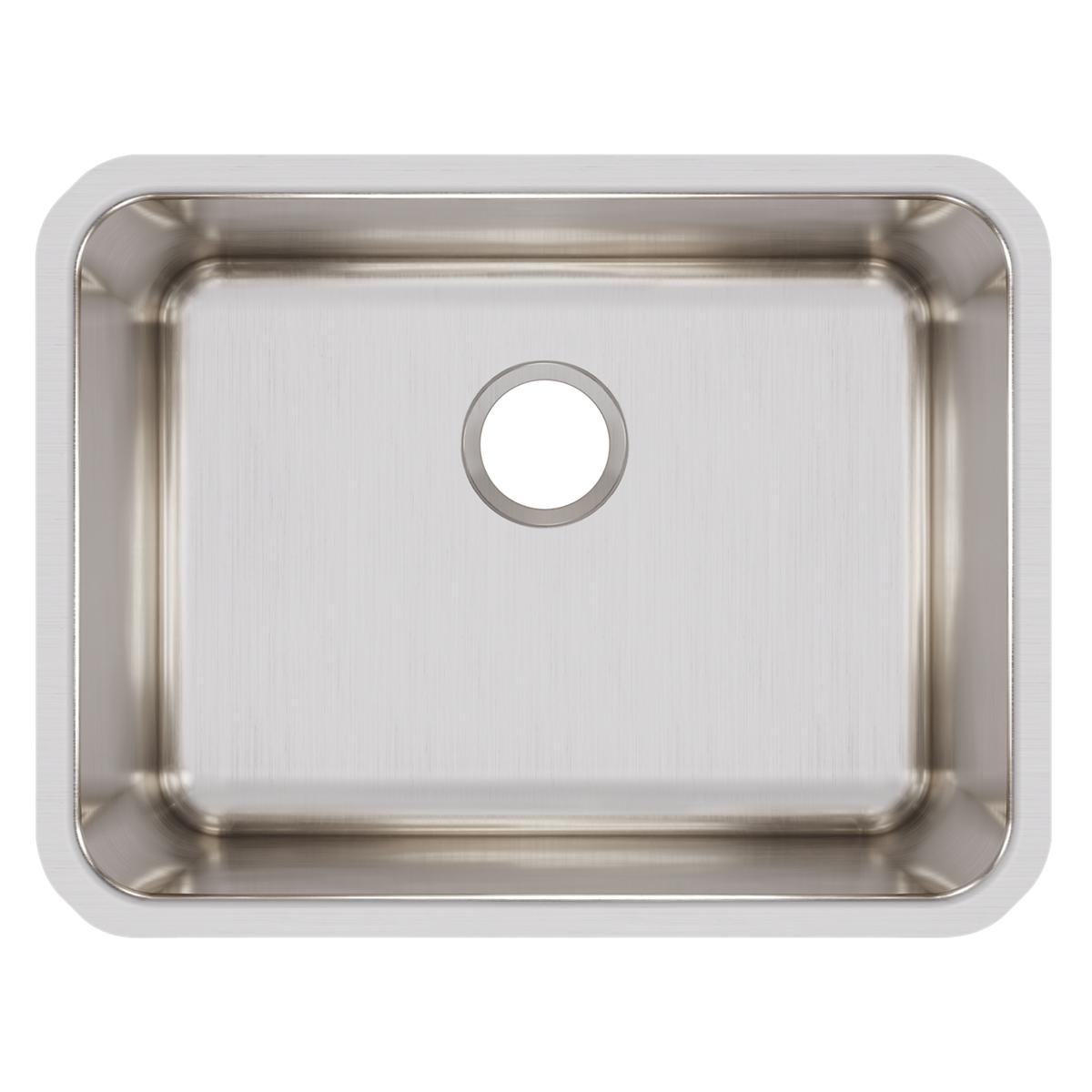 Stainless steel single bowl undermount sink with brushed finish and rounded corners, viewed from above.