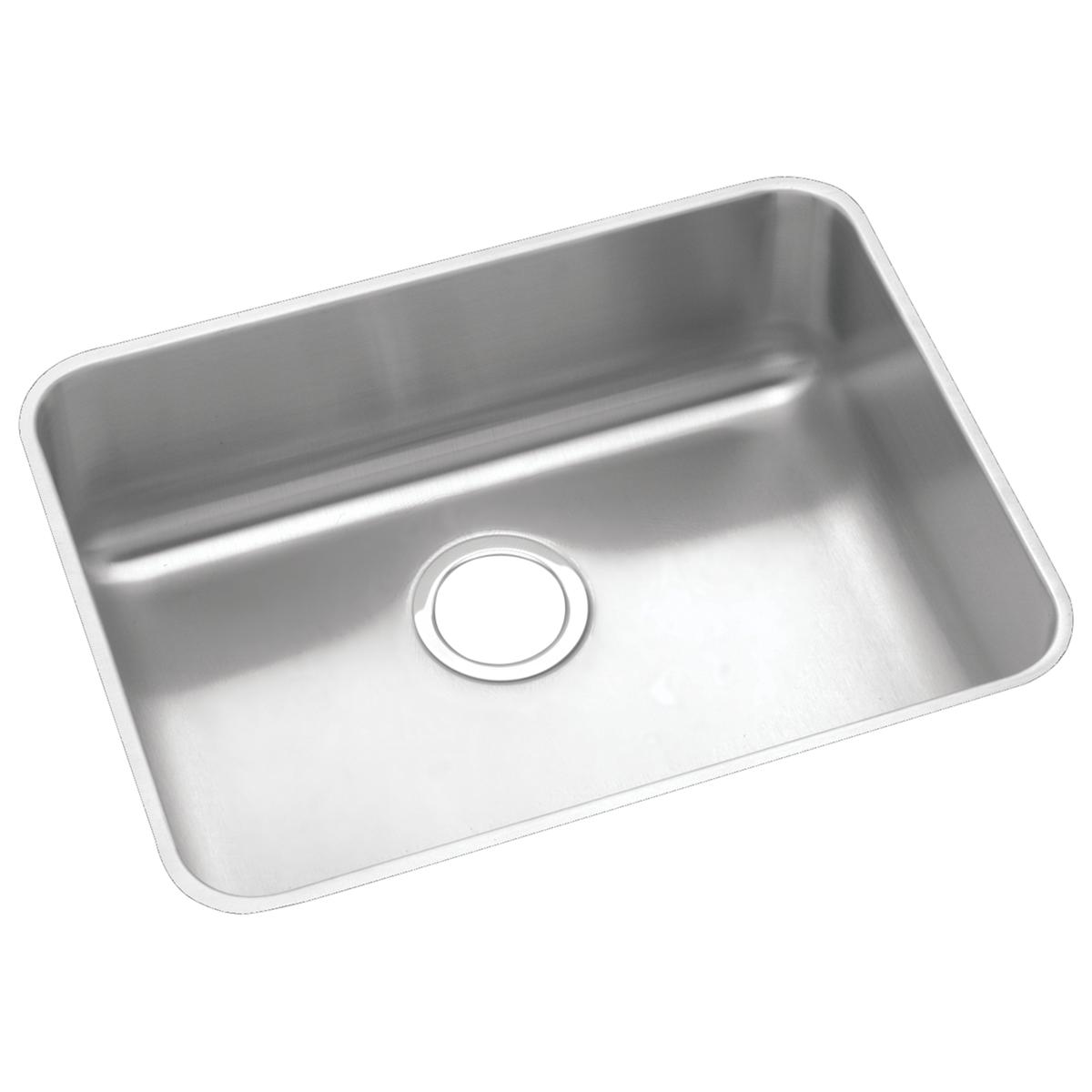 Stainless steel single-bowl undermount sink with rounded corners and drain hole, shown from above at an angle.