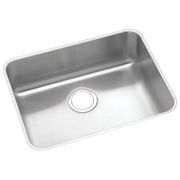 Stainless steel single-bowl undermount sink with rounded corners and drain hole, shown from above at an angle.
