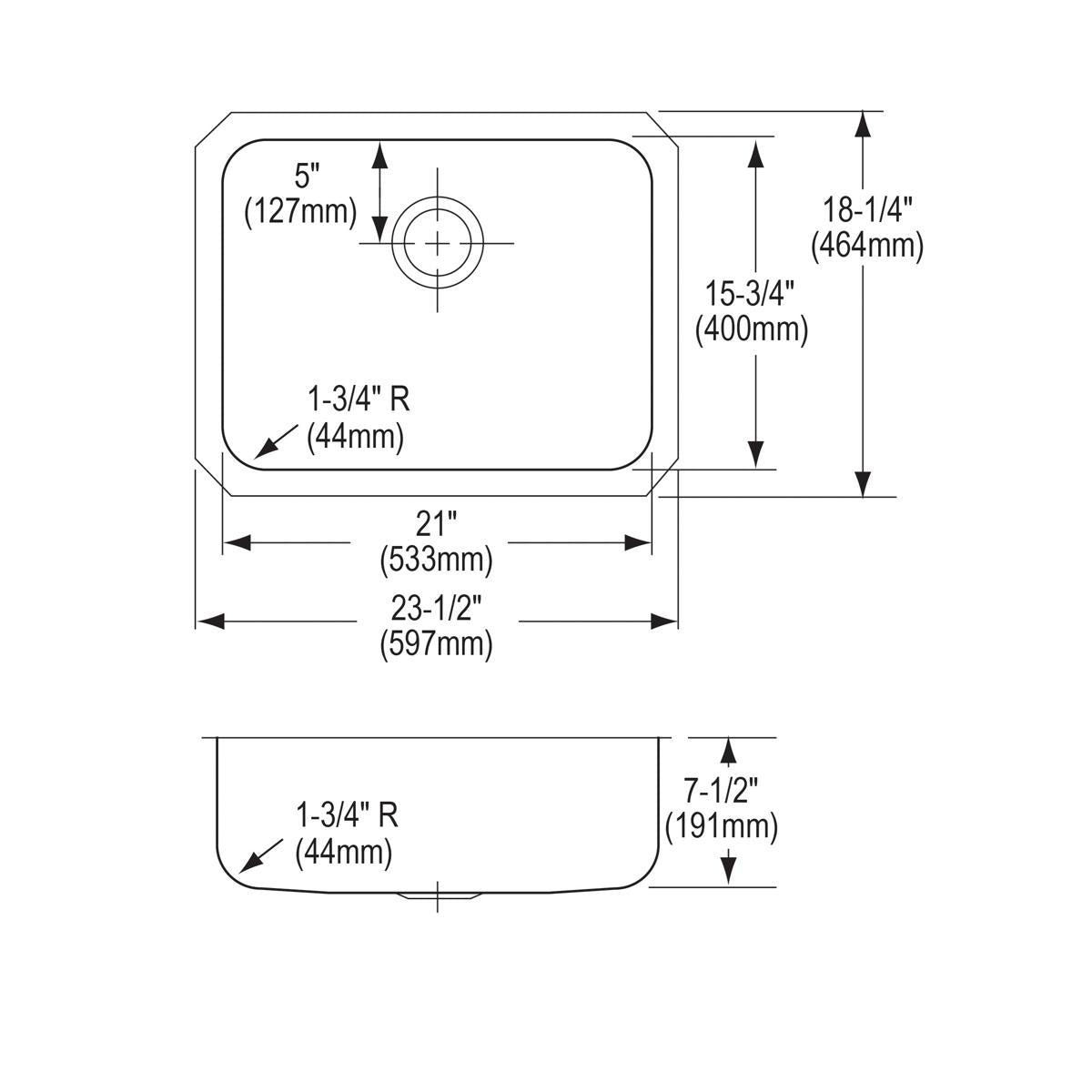 Top and side view technical drawing of a stainless steel single bowl undermount sink with dimensions and rounded corners.