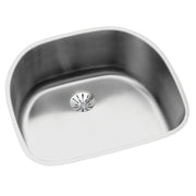 Stainless steel single bowl undermount sink with rounded corners and center drain opening.