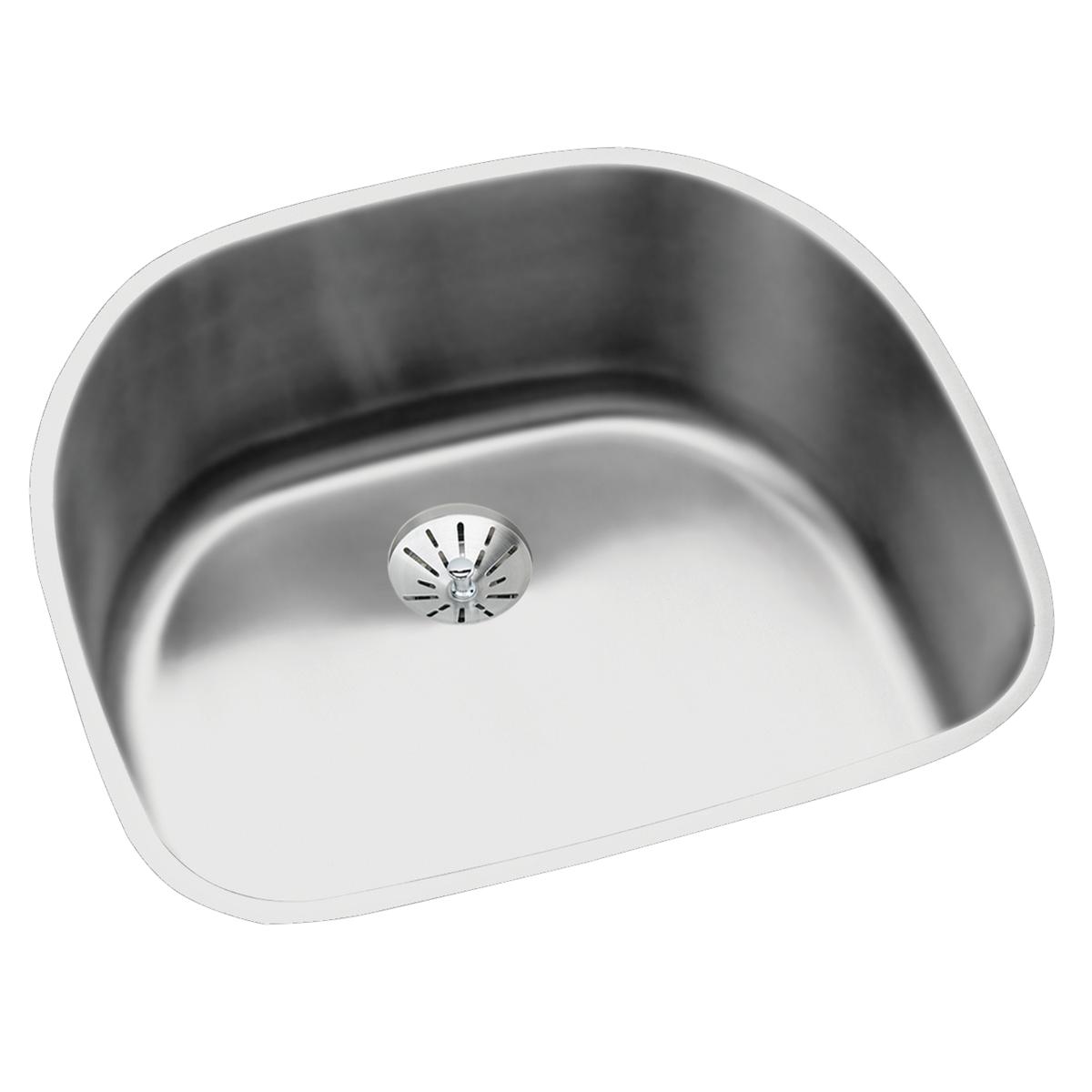 Stainless steel single bowl undermount sink with rounded corners and center drain opening.