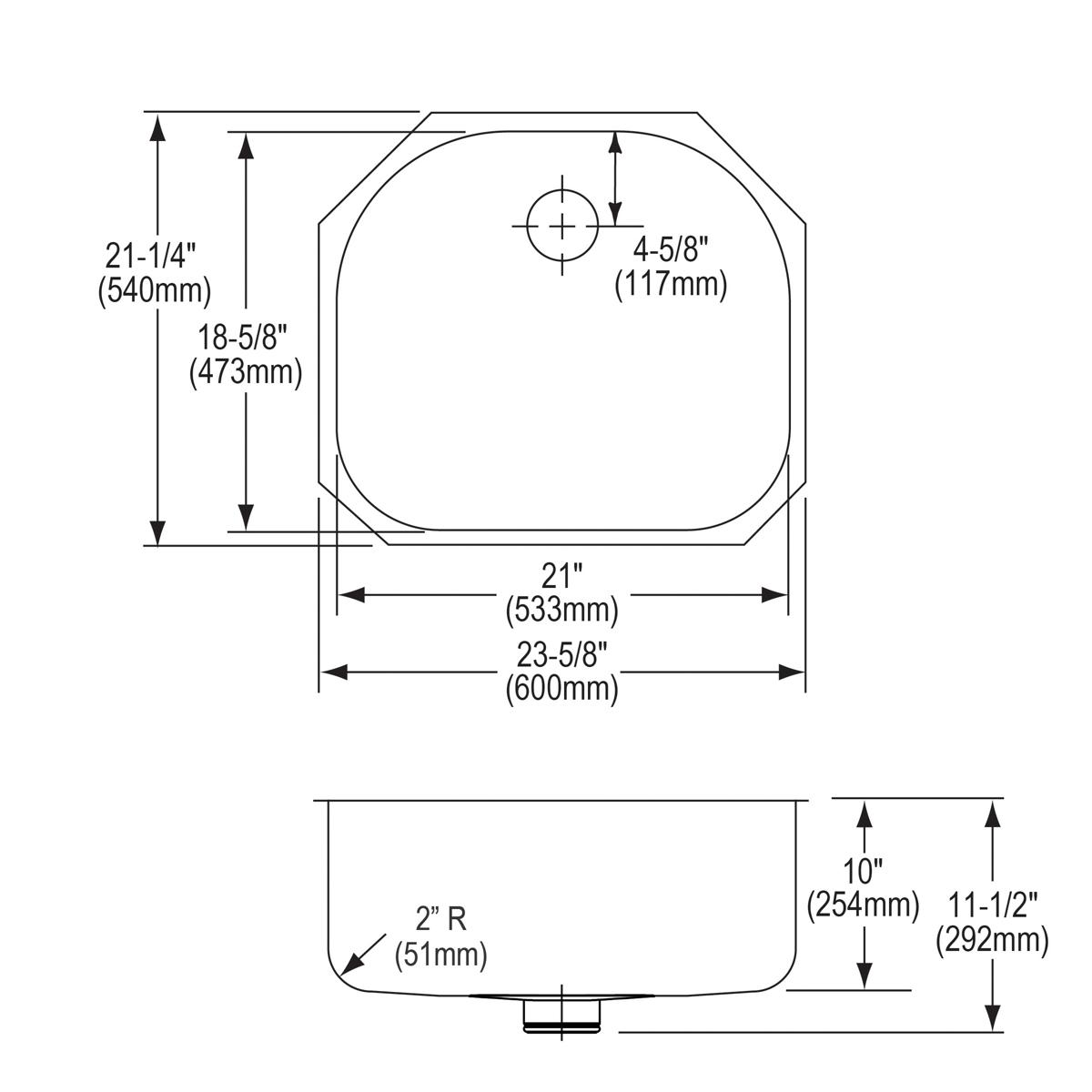 Overhead and side technical drawing of single-bowl stainless steel undermount sink with dimensions and drain placement.