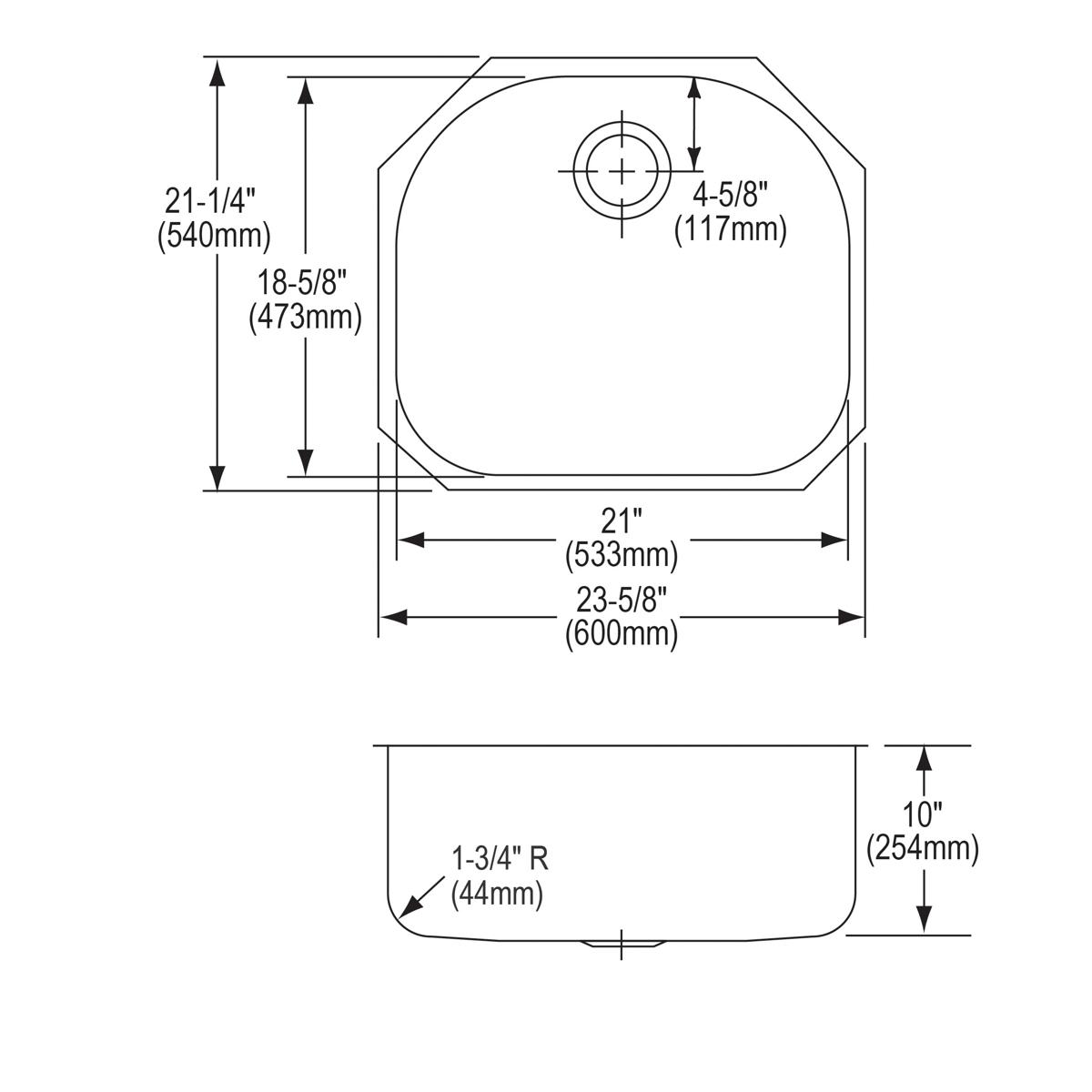 Technical drawing of a single bowl undermount stainless steel sink with dimensions and specifications labeled.