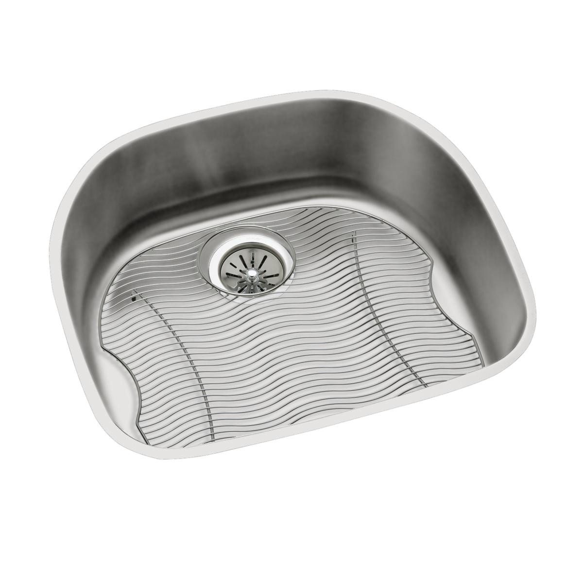 Stainless steel single bowl undermount sink with curved edges, drain opening, and wave-pattern bottom grid.