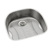 Stainless steel single bowl undermount sink with curved edges, drain opening, and wave-pattern bottom grid.