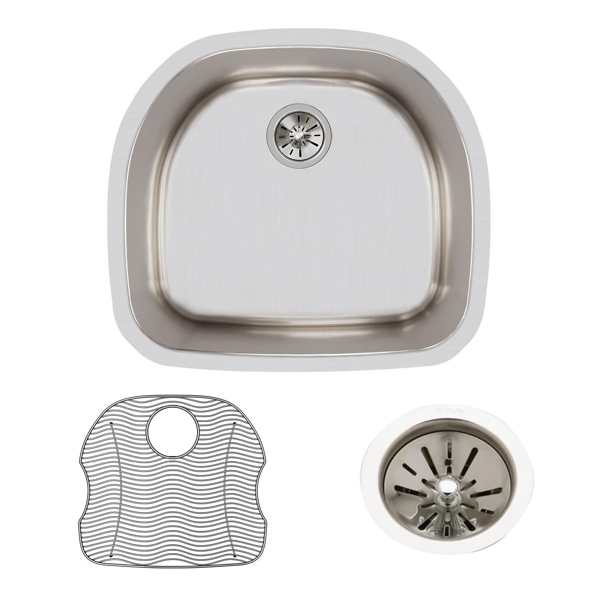 Stainless steel undermount sink bowl with rounded corners, drain hole, and included rubber mat and strainer basket.