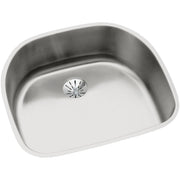 Stainless steel single bowl undermount sink with rounded corners and center drain opening.