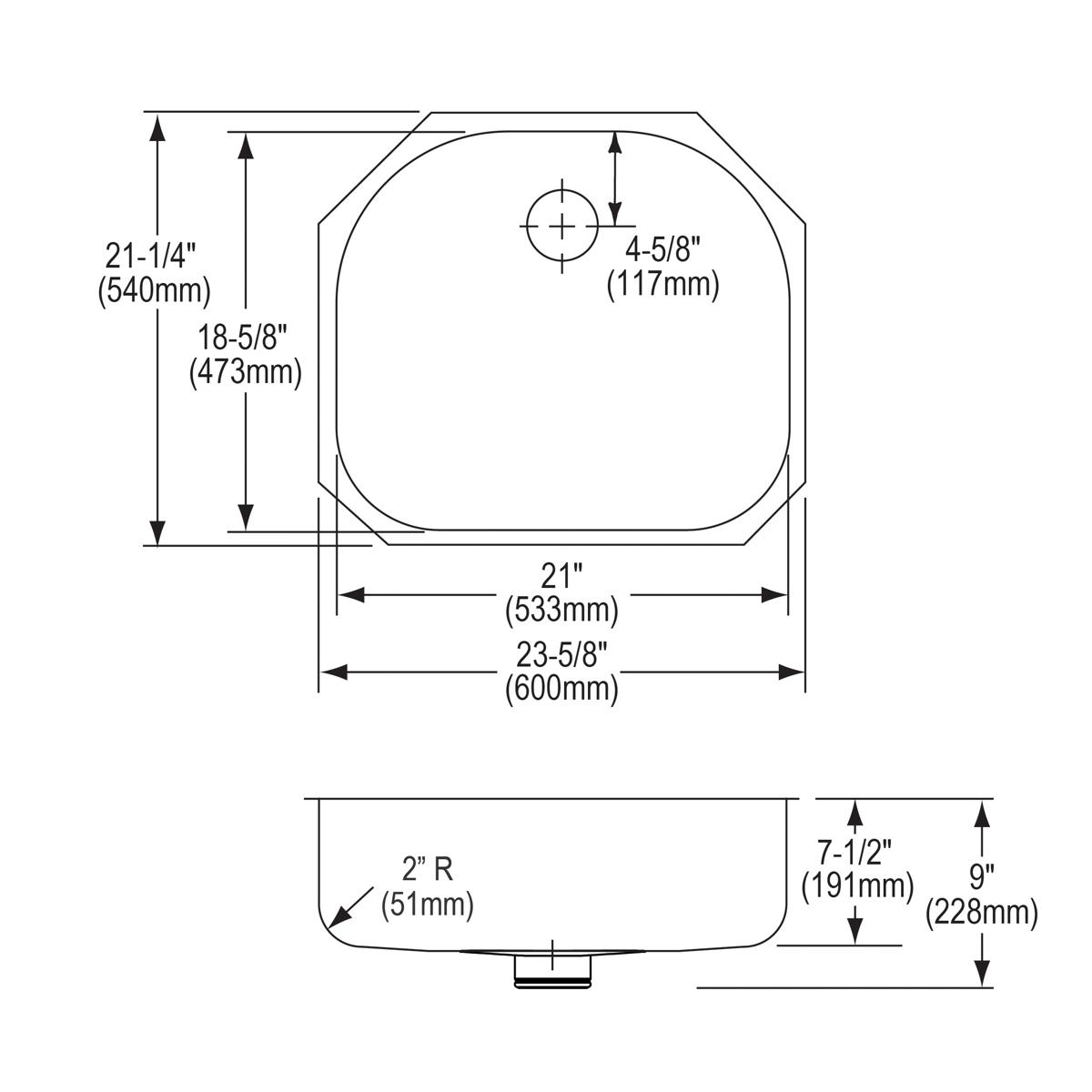 Top and side view technical drawings of a stainless steel undermount sink with rounded corners and center drain opening.
