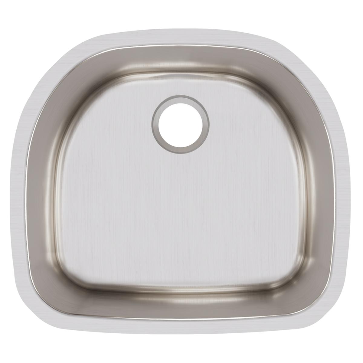 Stainless steel undermount sink with single rounded bowl and faucet hole, viewed from above.
